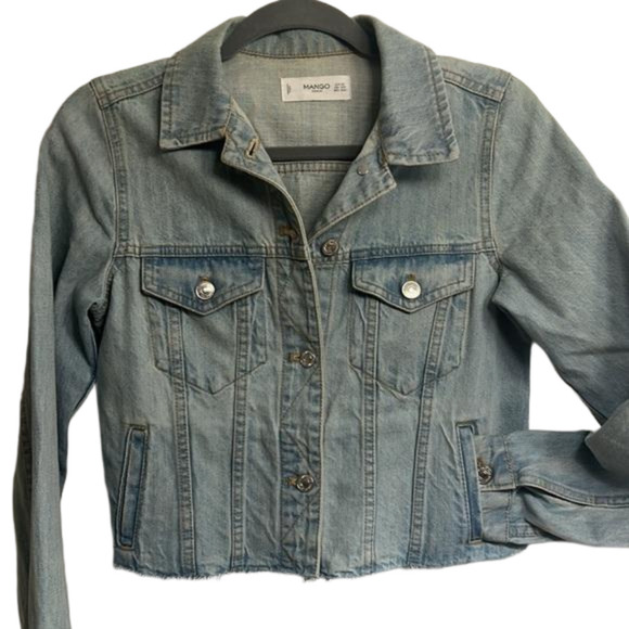 Mango Women’s XXS Cropped Distressed Denim Jean Jacket, Silver Colored Buttons - Picture 1 of 8